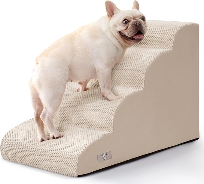 Dog Steps for Bed 17.7" H, 4-Step Pet Stairs Ramp for Small & Medium Dogs | Airpanda Dog Stairs with Washable Cover & High-Density Foam,Gentle Curved Design,Ideal for Senior & Short-Legged Dogs,Beige