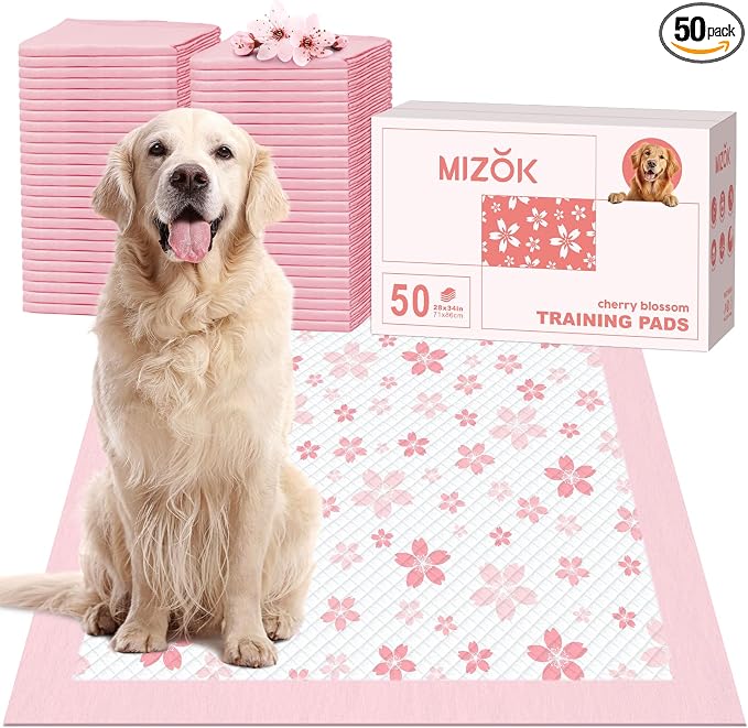 MIZOK Pink Puppy Pads with Adhesive Tabs Disposable Pee Pads 28x34in 50Ct | Heavy Duty Floor Protection Super Absorbent Large Pet Training Pads Use Sticky Bottom Strips to Keep Indoor Areas Mess Free