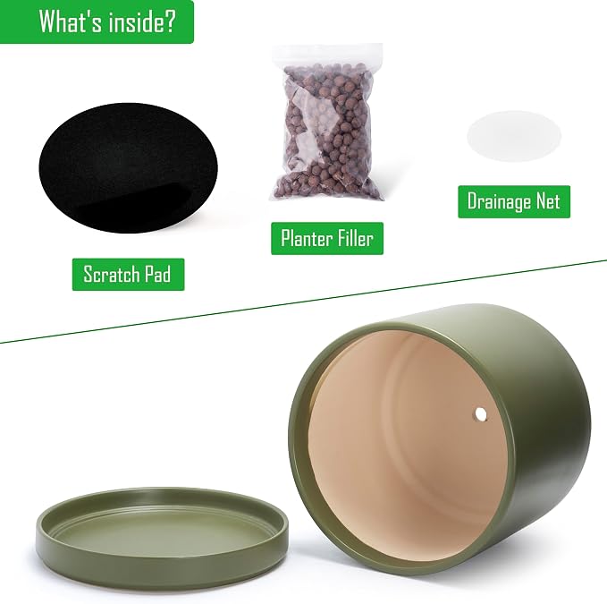 D'vine Dev 14 Inch Ceramic Planter Pot, Olive, 94-O-G-J | Modern Cylinder Design, Drainage Hole & Saucer Included, Stable Structure, Elegant Home Accent