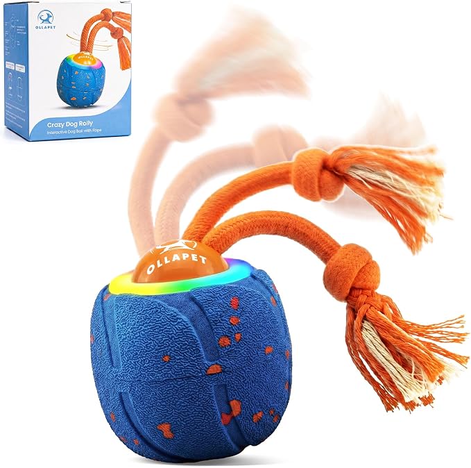 Smart Interactive Dog Toys, 3 Modes Automatic Rolling Ball, Chase Pet Toy with Rope & Barking Sound, Chew Resistant E-TPU, IPX7 Waterproof Rechargeable Ball for Medium Large Dogs, Blue