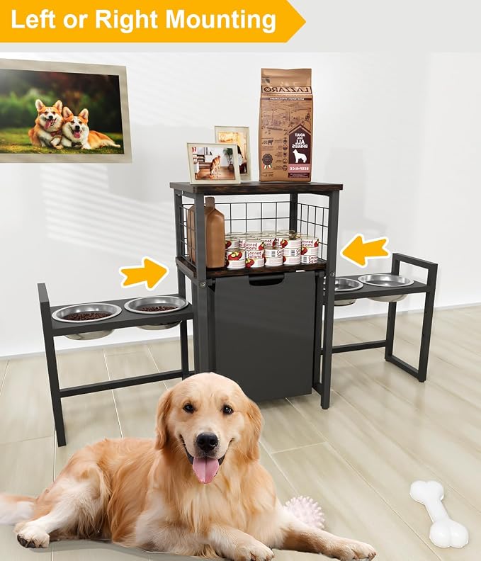 30.6Long x 26.2 High Elevated Dog Bowl Stand, Black | with Pet Food Storage Organizer,Adjustable Raised Feeding Station with Toy Basket for Large Medium Small Dogs and Cats