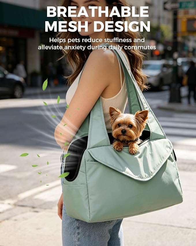 Lightweight Dog Purse with Large Pockets for Small Dogs up to 8 lb | Stylish, Soft-Sided Small Dog Carrier with Safety Buckle and Breathable Anti-Scratch Mesh for Travel, Sage Green