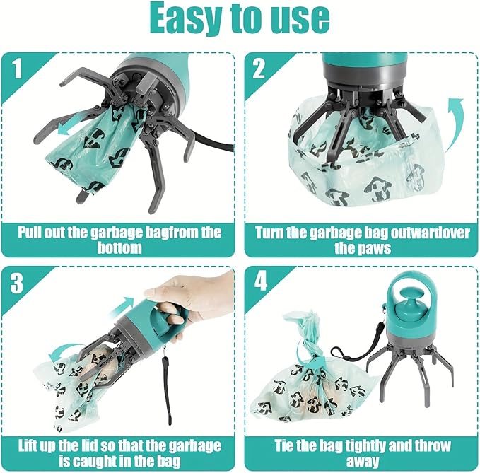 Dog Pooper Scooper, Portable No-Touch Waste Picker with Built-in Bag Dispenser (1 Roll 15 Count), One-Handed Claw Grabber with Wrist Lanyard, Leak-Proof Odor-Control Storage, for Small & Medium Dogs