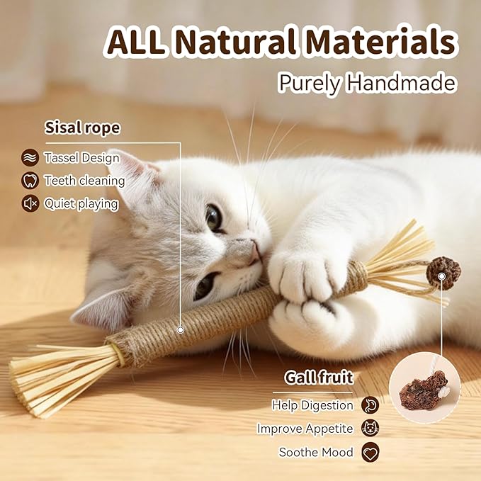 Cat Toys for Indoor Cats, 3 Pcs Silvervine Sticks with Gall Fruit & 1 Pc Cat Chew Rope for Teeth Cleaning, Interactive Cat Toys with Catnip, Kitten Chew Toys Teething for All Breeds Orange