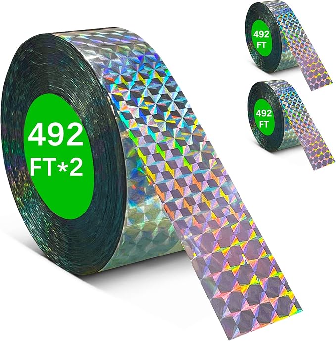[984FT] Effective Birds Scare Reflective Ribbon Reflectors,Dual-Sided Flashing Streamers to Keep Pigeons, Hawks, Woodpeckers, Geeses Away from Trees Plants Crops Garden Porch,2*Rolls