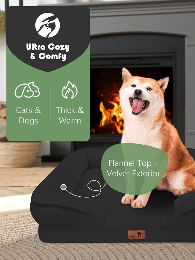 Spotted Play Orthopedic Dog Bed with Sides - Sofa Beds for Medium Dogs, Supportive Foam Pet Couch Bed with Washable Removable Cover, Waterproof Lining and Non-Slip Bottom, Black - M