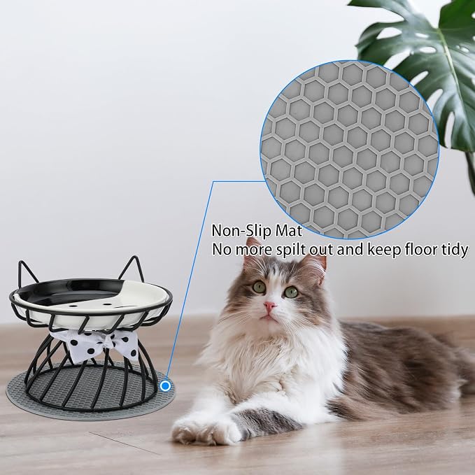 Elevated Cat Food Dish, Ceramic, Non-Slip Stand, Raised Feeding Station, 5 in, Shallow for Whiskers, Dishwasher Safe | Easy-clean Wide shallow dish for whisker comfort Non-slip
