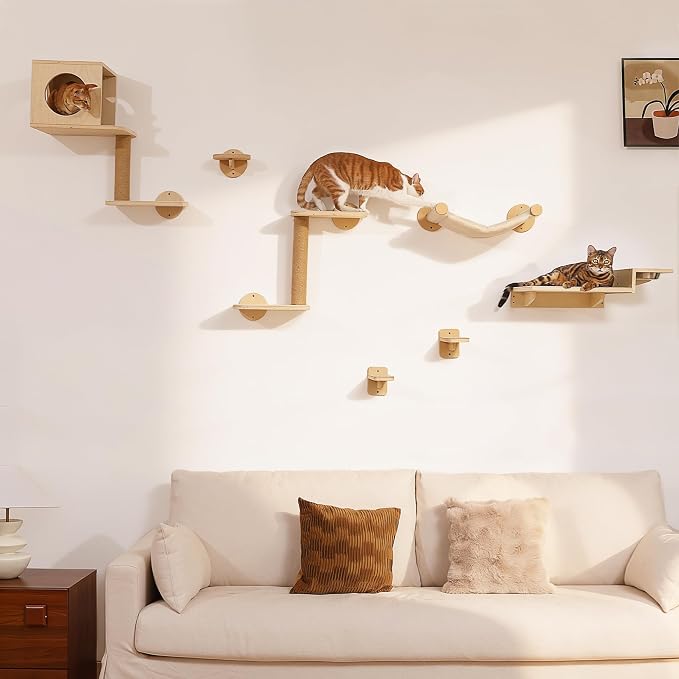 FUKUMARU Cat Wall Shelves, Food Station with 2 Steps | 3 in 1 Cats Walls Furniture Set, Birch Plywood Perch, Suitable for Kitten Play, Nap, Eat, DIY Wall Jungle Gym