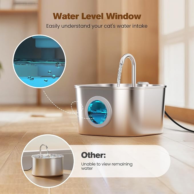Stainless Steel Cat Water Fountain: 108oz/3.2L Pet Water Fountains Cat Watering Fountain Indoor Automatic Waterer Dispenser for Drinking Small Dogs Water Bowl Metal Kitty Faucet Watering Supplies