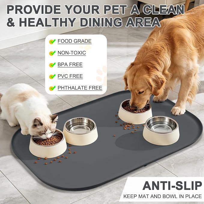 SMILOOL Waterproof Silicone Pet Food Mat with Raised Edge for Dog & Cat | 36" x 24" Non-Slip Large Pet Feeding Mats with Lip for Food & Water Bowl, Food Grade, Easy Cleaning, Dark Gray