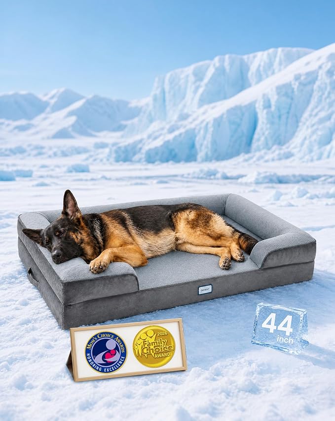 OhGeni Orthopedic Cooling Dog Bed Couch, Memory Foam, 44-inch (Cool Gray) | Cooling Big Pet Sofa for Extra Large Sized Pets with Machine-Washable Waterproof Removable Cover & Soft Comfortable Fabric