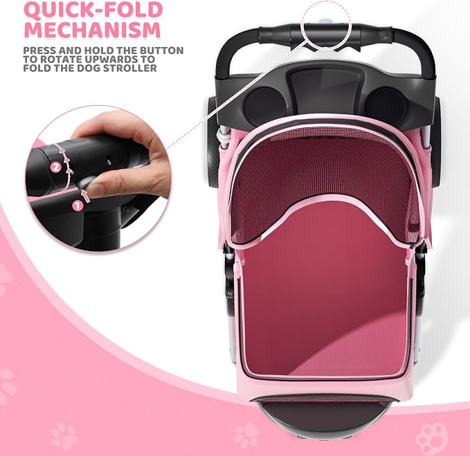 Magshion 3-Wheel Pet Stroller for Small/Medium Dog Cat, Up to 33lbs, Pink | Foldable Travel Jogger w/ Breathable Mesh Cover, Lightweight Design, Safety Tethers, Cup Holder & Storage Basket