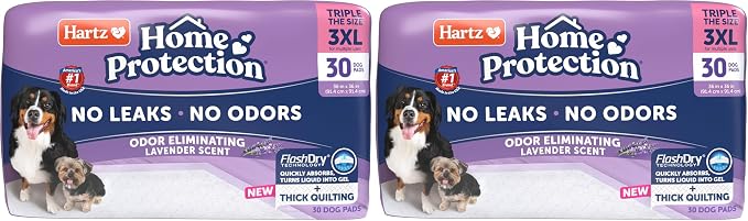 Hartz Home Protection Lavender Scented Dog Pads, 3XL 30 Count, Super Absorbent & Won't Leak, Odor Eliminating (Pack of 2)