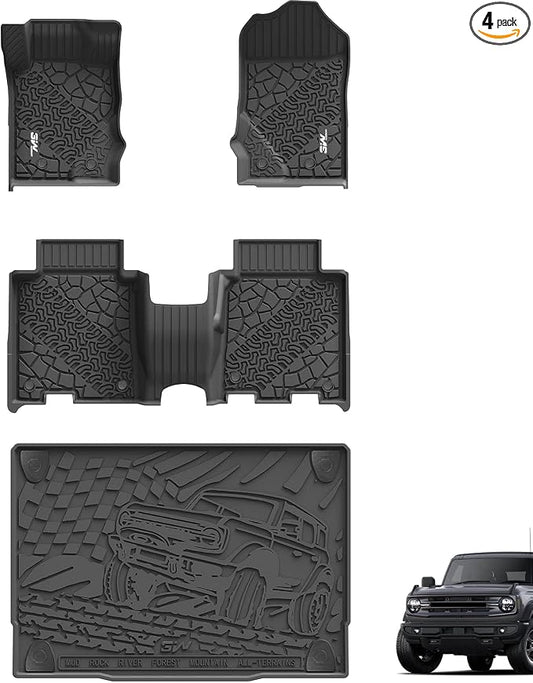 3W Floor Mats & Cargo Liner Fit for 2021-2025 2026 Ford Bronco 4 Door, TPE All Weather Custom Fit Floor Liner 1st 2nd Row and Full Set Trunk Mats, Black (Not for Bronco Sport & Rubberized Floor)