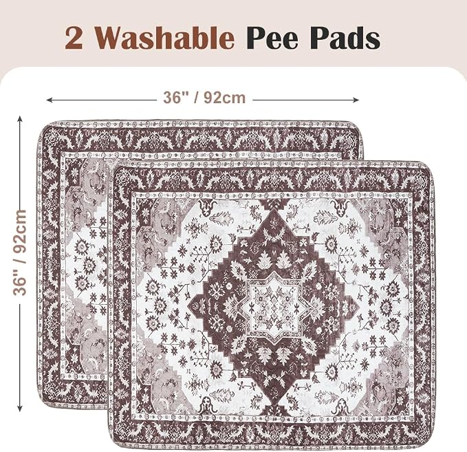 Washable Pee Pads for Dogs, 2 Pack Reusable Puppy Training Pads 36"x36" Super Absorbent Waterproof Dog Training Pads, Non-Slip Potty Pads, Whelping Pads Litter Mat Light Brown Medallion