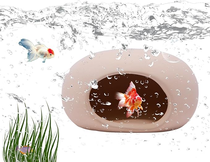 Saim Aquarium Decorations Ceramic Cave, Betta Fish Tank Accessories for Shrimp Cichlid Hiding Breeding Small Fish Bowl Hide Ornaments Betta Toys Hideout House - Natural Color