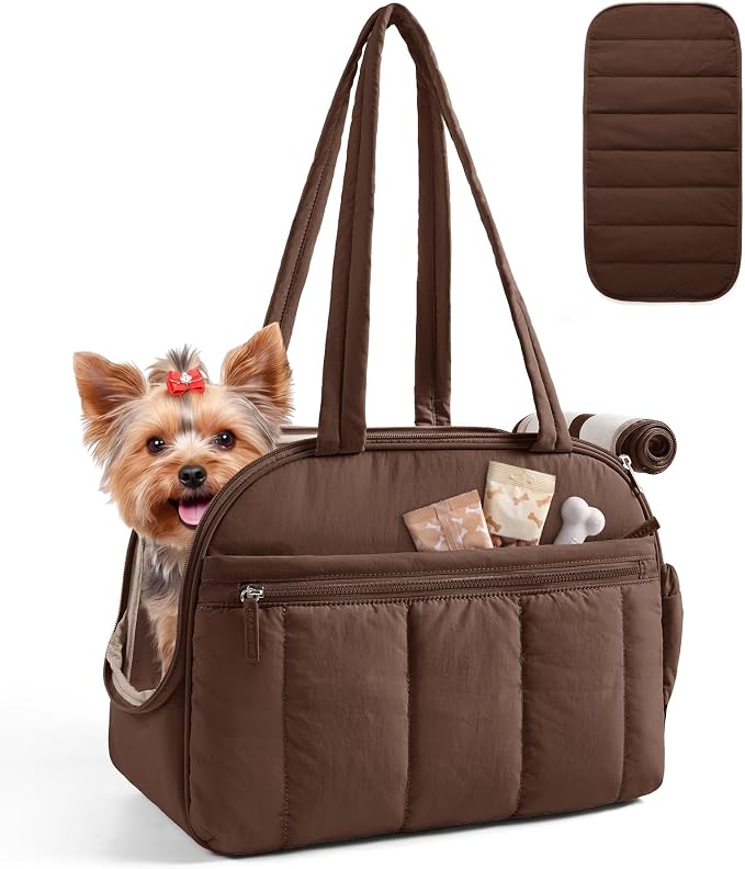 BAGSMART Dog Purse Carrier for Small Dogs Up to 13lbs Puppy Travel Tote Bag | Quilted Puffy Soft Sided Pet Handbag with Pockets, Collapsible Lightweight Portable with Safety Tether & Mat, Coffee brown