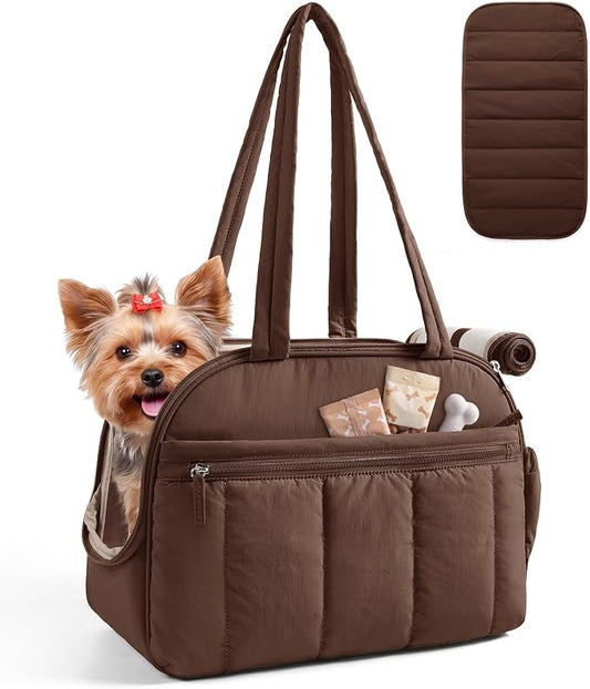 BAGSMART Dog Purse Carrier for Small Dogs Up to 13lbs Puppy Travel Tote Bag | Quilted Puffy Soft Sided Pet Handbag with Pockets, Collapsible Lightweight Portable with Safety Tether & Mat, Coffee brown