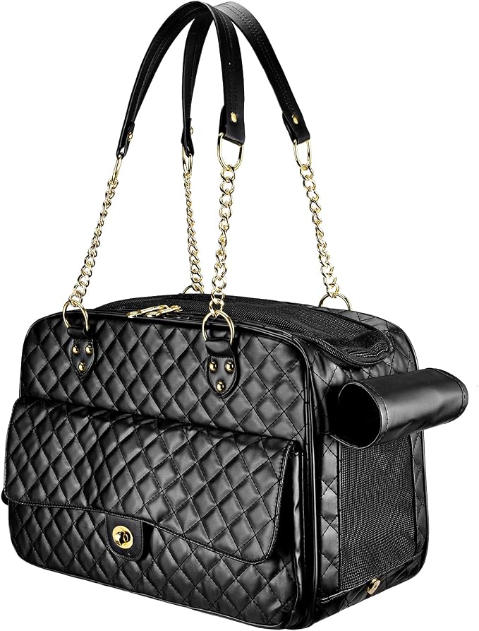 Fashion Dog Purse Carrier for Small Dogs with Large Pockets, Holds Up to 8lbs Quality PU Leather Pet Carrier, Cat Carrier, Airline Approved Puppy Purse Carrier for Travel (Black, Small Size)