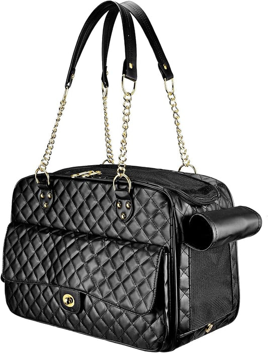 Fashion Dog Purse Carrier for Small Dogs with Large Pockets, Holds Up to 8lbs Quality PU Leather Pet Carrier, Cat Carrier, Airline Approved Puppy Purse Carrier for Travel (Black, Small Size)