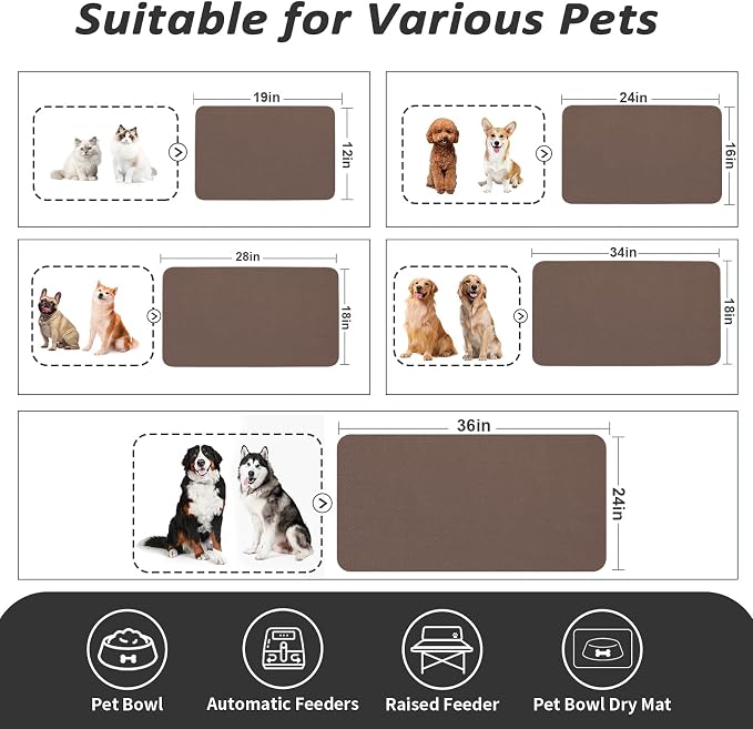 HotLive Dog Food Mat - Absorbent Cat Mat for Food and Water, No Stains Pet Feeding Bowl Mat, Easy to Clean Pet Placemats, Quick Dry Dog Water Dispenser Mat for Messy Drinkers | Brown 16"x 24"