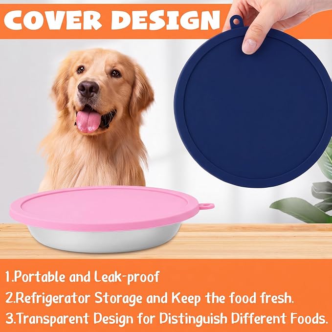 Patelai Stainless Steel Dog Bowls with Silicone Lids for 1.9 Cups Portable Food and Water Dishes for Pets Sealable Containers for 6.3" for Cats & Small Dogs(4 Pcs,Dark Blue,Pink)