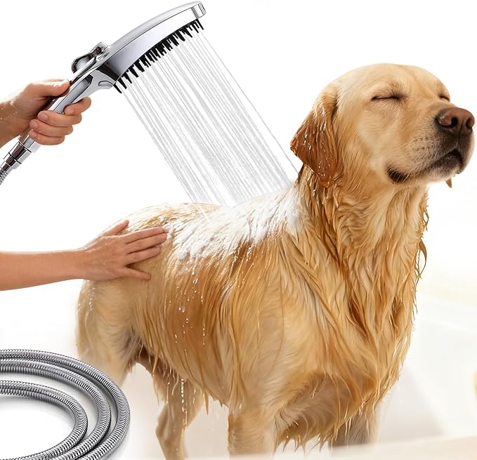 G-Promise 3 Mode Dog Shower Attachment with Pause Mode | High Pressure, Built-In Brush for Wash & Groom, Extra Long Hose, Easy Install, for Indoor & Outdoor Use