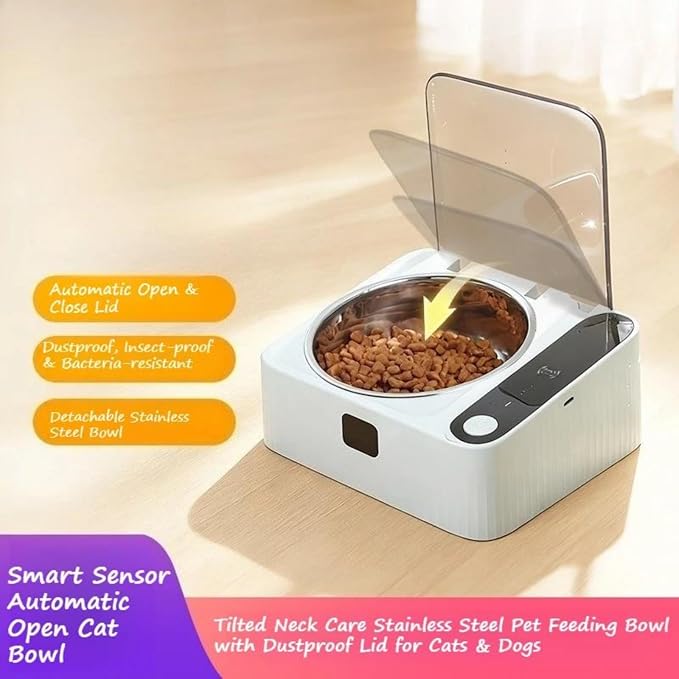 Automatic Pet Feeder with Motion-Sensor Activated Auto-Open Lid,Dustproof Stainless Steel Feeding Bowl Station for Cats and Small Dogs, Maintains Pet Food Freshness for Longer Time