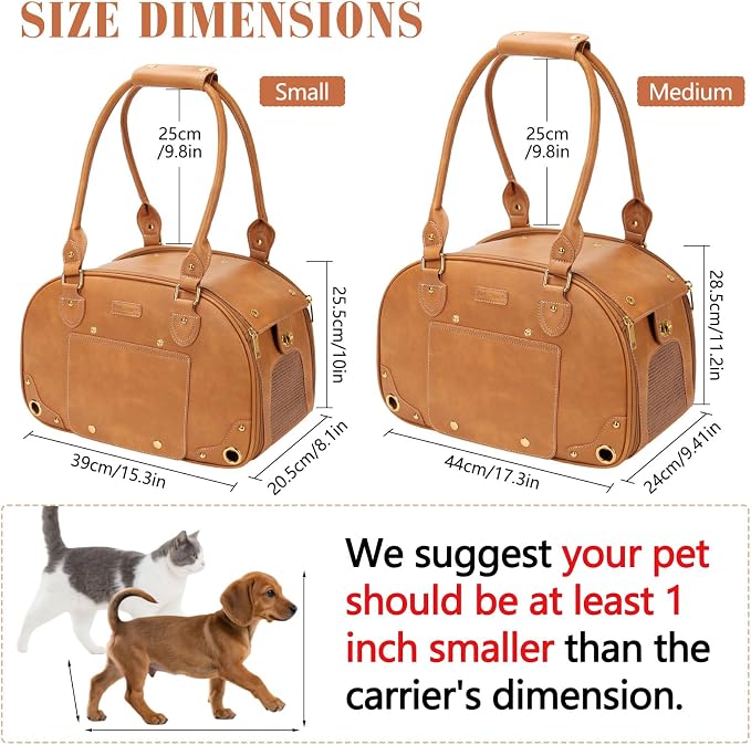 Dog Carrier Purse, Pet Carrier, Foldable Waterproof Premium PU Leather Pet Travel Portable Bag Carrier for Cat and Small Dog Home & Outdoor Small Brown
