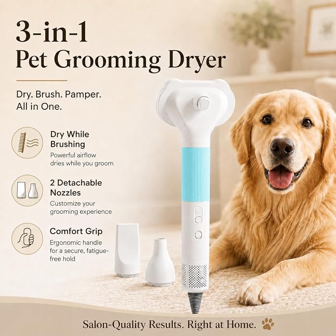 Pet Hair Dryer with Grooming Brush, Dog Blow Dryer, 3-in-1 Cat Blower, Blue | 110,000 RPM Pet Blower with One-Click Hair Removal, 3 Heat & 2 Speed Settings for Professional Home Grooming