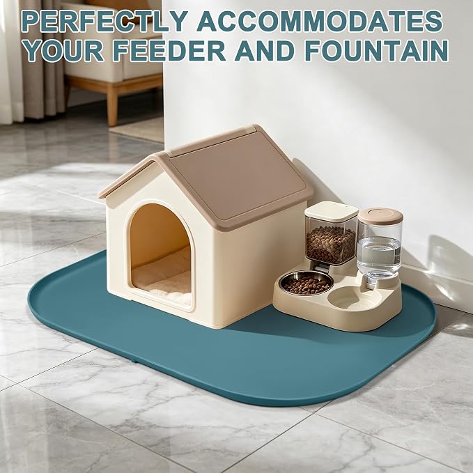 SMILOOL Waterproof Silicone Pet Food Mat with Raised Edge for Dog & Cat | 36" x 24" Non-Slip Large Pet Feeding Mats with Lip for Food & Water Bowl, Food Grade, Easy Cleaning, Salte Blue