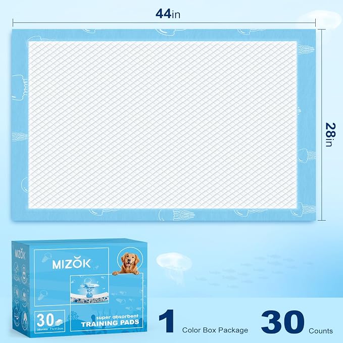 MIZOK XXL Pee Pads for Dogs Super Absorbent Extra Heavy Duty 28x44in 30Ct | Extra Long 28x44in Blue Dog Pads with Jellyfish Prints Feature Adhesive Tabs to Protect Floors for Long Bodied Dogs