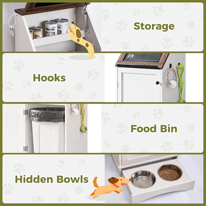 White 38.4" H Dog Feeding Station with Storage | Pet Food Storage Cabinet with 2 Elevated Bowls,Hooks,Hidden Dog Feeding Organizer for Cats and Dogs