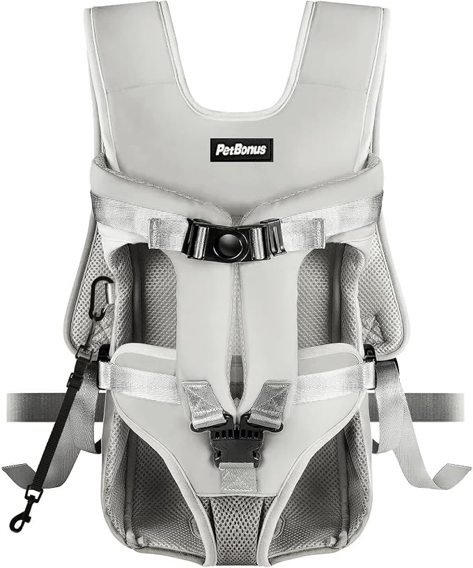 PetBonus Dog Front Carrier Backpacks, Legs Out Easy-fit Puppy Chest Carrier | Hands Free, Adjustable, Safety Strap, Walking Hiking Cycling Motorcycle bag, For Small Medium Dogs (Grey, S)