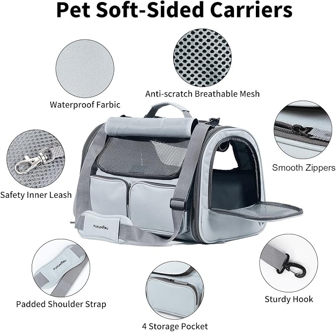FUKUMARU Cat Carrier, Airline Approved Dog Carrier with Rollable Cover | Breathable Soft Cat Carrier, Multiple Doors & 4 Storage Pockets Cat Travel Bag, Durable Pet Carrier for Cat Under 15 lb, Grey