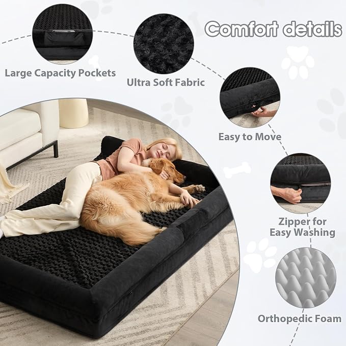 BFPETHOME Orthopedic Washable Human Dog Bed for Adult & Dog Cozy Sleep | Human Size Waterproof Big Soft Pet Couch Bed for Adult & Dogs Relax with Removable Cover Supportive Foam Black 61x43 Inch