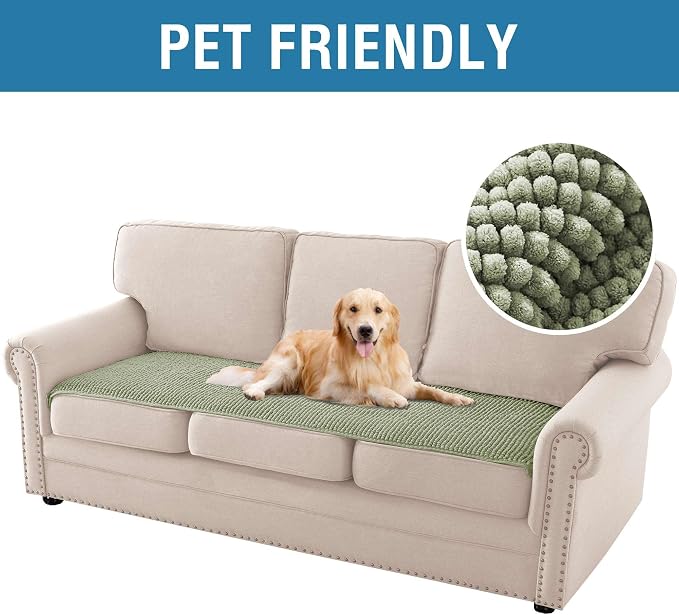 H.VERSAILTEX Plush Chenille Couch Cover for 3 Cushion Couch Anti Slip Washable Sofa Slipcovers Soft and Durable Furniture Protector for Dogs Cats Kids (27.5" x 82", Sage)