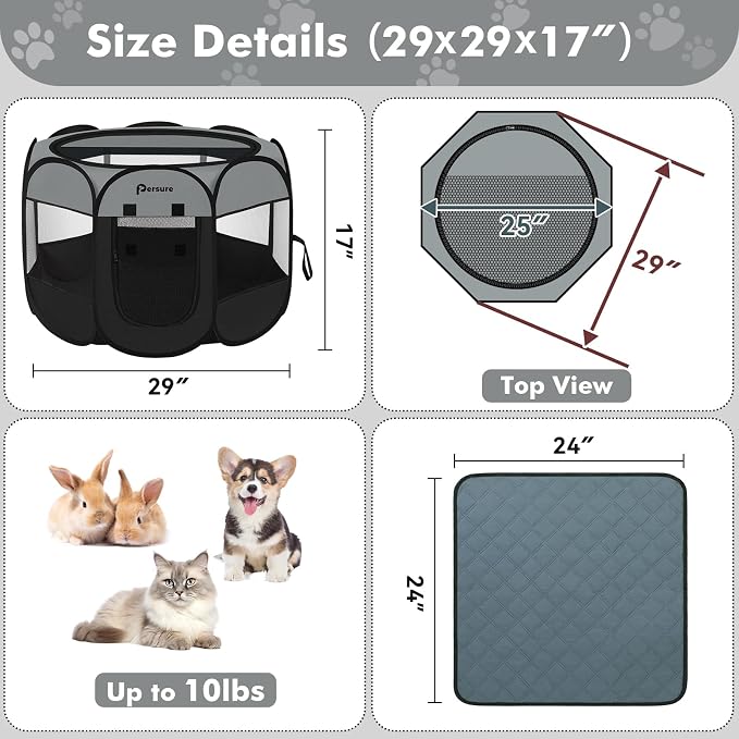 Persure Dog Cat Pet Playpen Puppy Crate Cage for Indoor Outdoor Travel | Nursing Rest Zone Recovering Pet Quarantine Room Portable Pop Up Easy to Set up lightweight Bag(Dark Grey with Pad,Small)