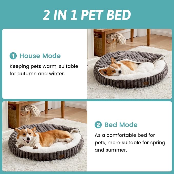 Dog Bed with Hooded Blanket, Round Fluffy Anti-Anxiety Pet Bed for Small Dogs & Medium Dogs, Cozy Donut Cuddler with Machine Washable Faux Fur & Anti-Slip Bottom(26"×26"×7",Grey)