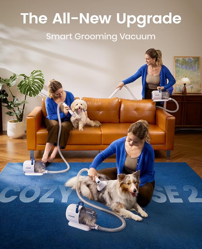 oneisall Dog Grooming Vacuum Kit with 6 Tools | Powerful 15000Pa Suction, Clippers, Trimmer & Nail Grinder ≤59dB, 2L Large Canister, Easy to Clean & Empty