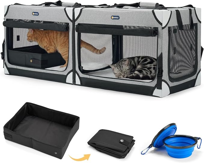 Veehoo Extra Large Cat Travel Carrier with Litter Box for 2 Cats, 48 inch Collapsible Dog Crate for Small Medium Dogs, 2 in 1 Cat Pet Puppy Kitten Foldable Car Carrier Soft Sided for Road Trip, Gray