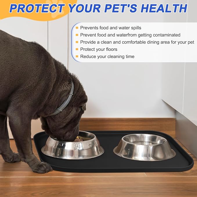 SMILOOL Waterproof Silicone Pet Food Mat with Raised Edge for Dog & Cat | 22" x 14" Non-Slip Pet Feeding Mats with Lip for Food & Water Bowl, Food Grade, Easy Cleaning, Black
