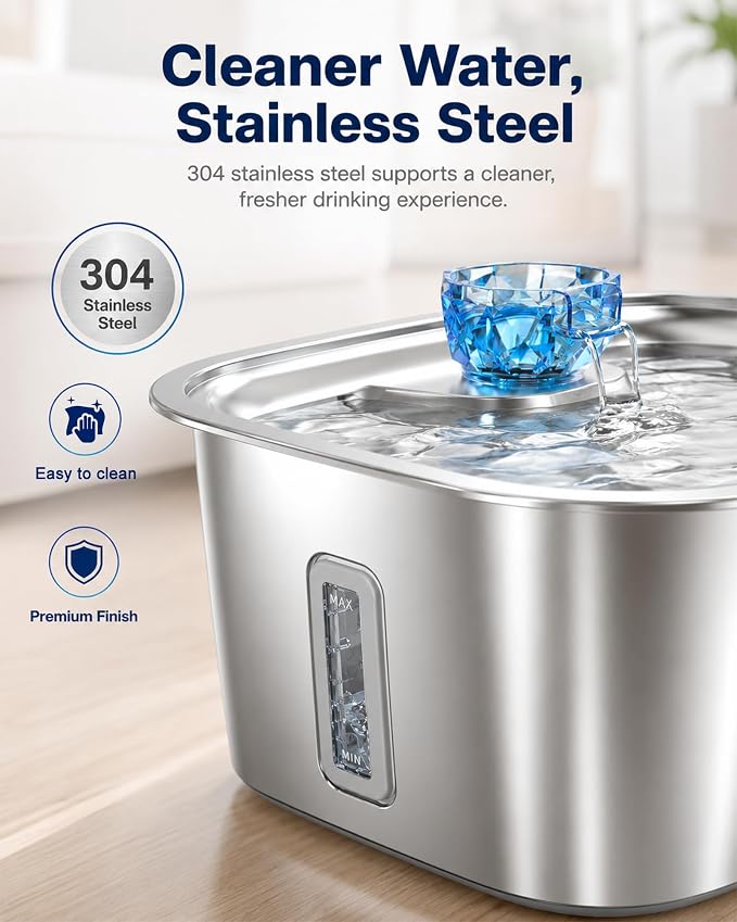 PETNF 3-Gallon Stainless Steel Dog Water Fountain for Large Dogs, Dog Water Bowl Dispenser with 4 Filters, Visible Water Window, Quiet Pump & LED Low-Water Indicator