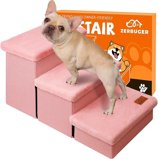 Zerbuger Dog Stairs with Storage, Pink Furry Lids 3 Steps Dog Ramp no Condo | 18" H Wider Dog Steps for High Beds Couch, Folding Storage Pet Stairs Gift for Climbing Small/Medium/Large Old Dogs Cats