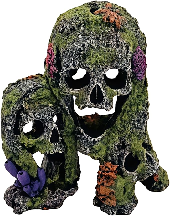 Betta Fish Tank Decorations Hideout - Triple Skull Hiding Cave for Aquarium, Resin Ornament with Artificial Moss Texture and Multiple Entrances for Shrimp, Small Fish - 7.3x4.9x6.1inch