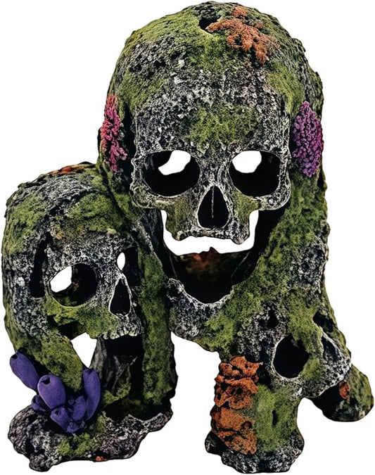 Betta Fish Tank Decorations Hideout - Triple Skull Hiding Cave for Aquarium, Resin Ornament with Artificial Moss Texture and Multiple Entrances for Shrimp, Small Fish - 7.3x4.9x6.1inch