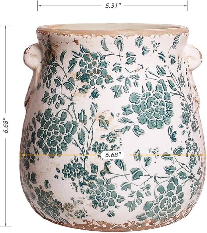 Tuscan Ceramic Planters & Kitchen Utensil Holder, 6.68" Vintage Plant Pots | Flower Pot with Drainage for Indoor/Outdoor, Country Cottage Vase for Home Garden Decor, Gifts for Plant Lovers, Cyan
