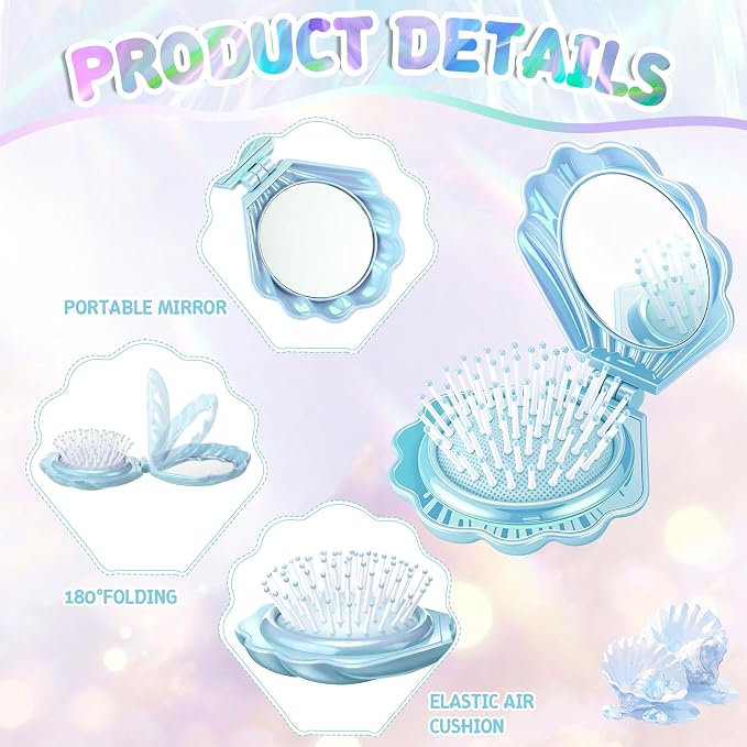 LemonRoad 24 Sets Mermaid Party Favors Shell Hair Brush with Mirror Card, Foldable Mini Travel Compact Hair Brush for Women Birthday, Bachelorette, Under The Sea, Beach Party Gifts(Blue)