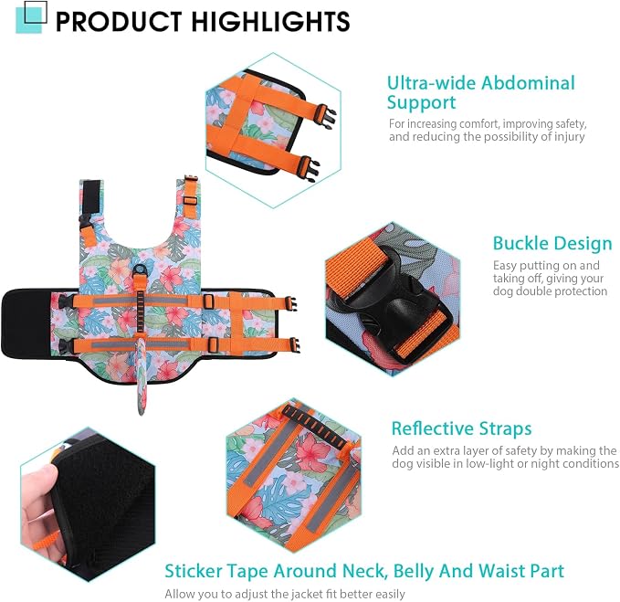 Dog Life Jacket High Flotation, Reflective Dog Life Vest for Swimming, Adjustable Dogs Life Preserver Rescue Handle Spring Summer Pool for Small, Medium, Large Dogs (HawaiiOrange,XS)