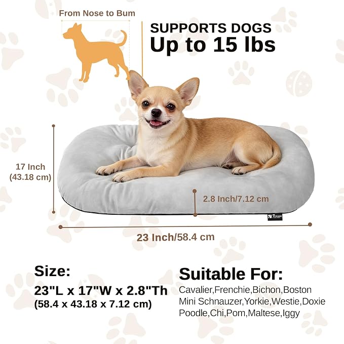 Washable Oval Small Dog Bed, Silver-Tipped High-Resilience, Light Gray | Non-Slip Bottom Prevents Sliding,Soft Plush Short Fur,Machine Washable Cushion,Ideal for Crates & Small Spaces,23"x17"x2.8"